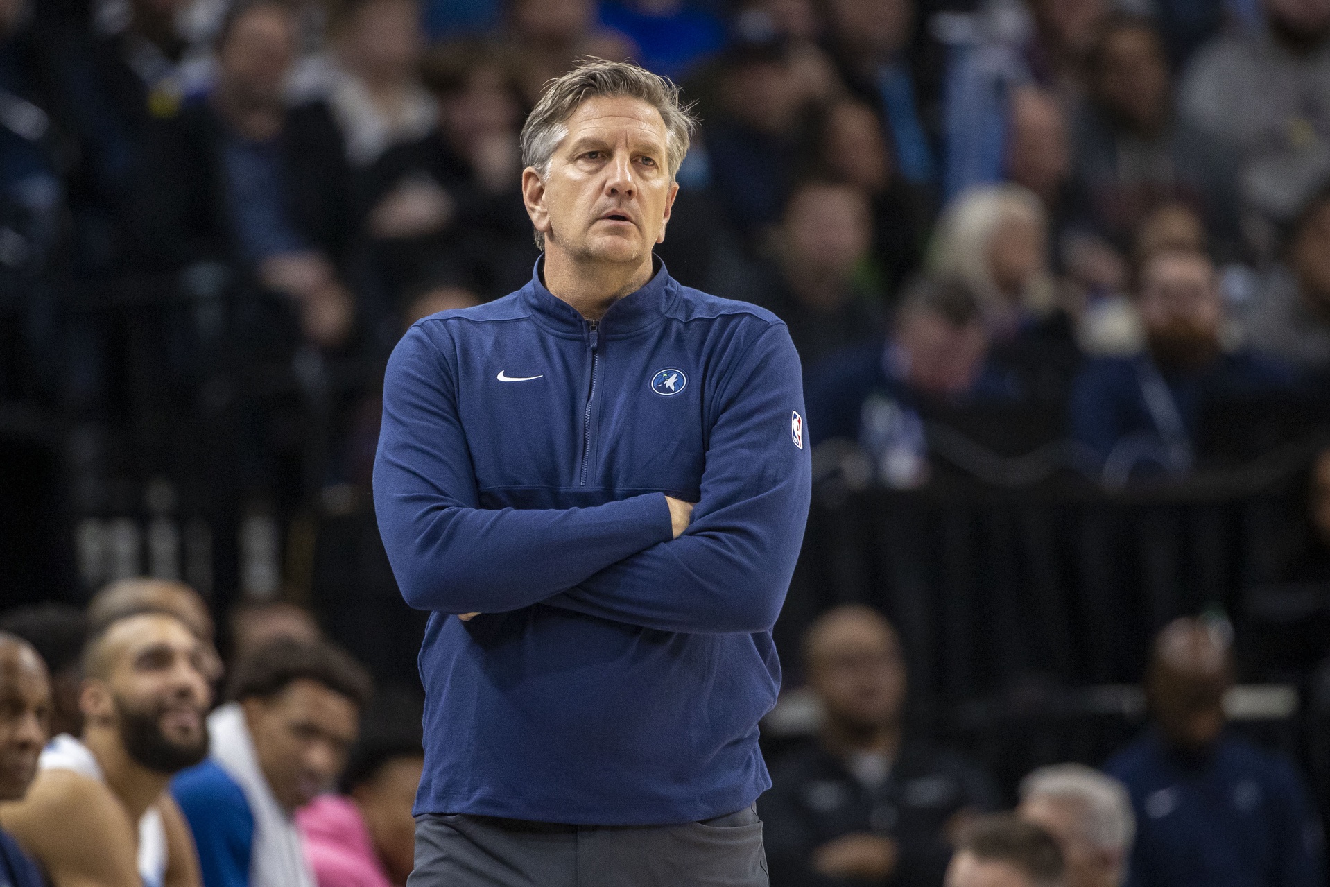 Dec 21, 2023; Minneapolis, Minnesota, USA; Minnesota Timberwolves head coach Chris Finch looks on against the Los Angeles Lakers in the second half at Target Center.