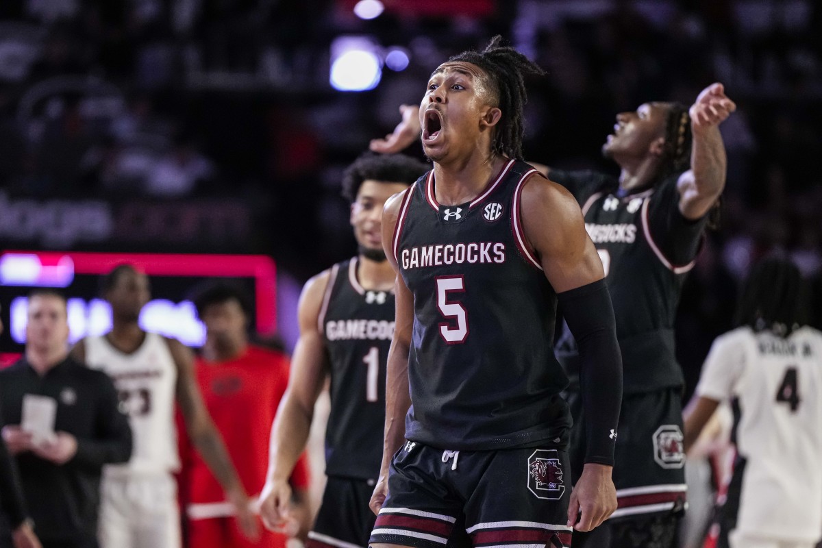 Meechie Johnson celebrating at the end of the Gamecocks matchup vs. Georgia (3rd Feb., 2024)