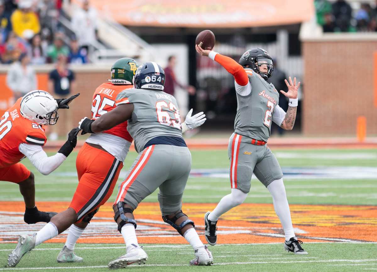 Spencer Rattler steps into what was a 29-yard touchdown pass to WR Marcus Rosemy-Jacksaint in the Reese's Senior Bowl (3rd Feb., 2024)