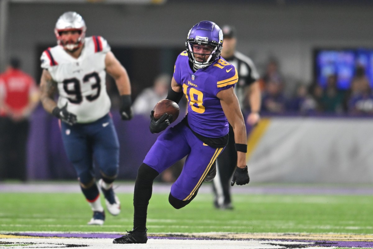Nov 24, 2022; Minneapolis, Minnesota, USA; Minnesota Vikings wide receiver Justin Jefferson (18) in action during the game against the New England Patriots at U.S. Bank Stadium.
