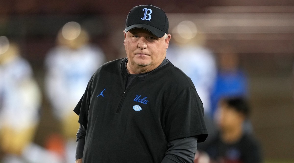 Oct 21, 2023; Stanford, California, USA; UCLA Bruins head coach Chip Kelly stands on the field before the game against the Stanford Cardinal at Stanford Stadium. Mandatory Credit: Darren Yamashita-USA TODAY Sports