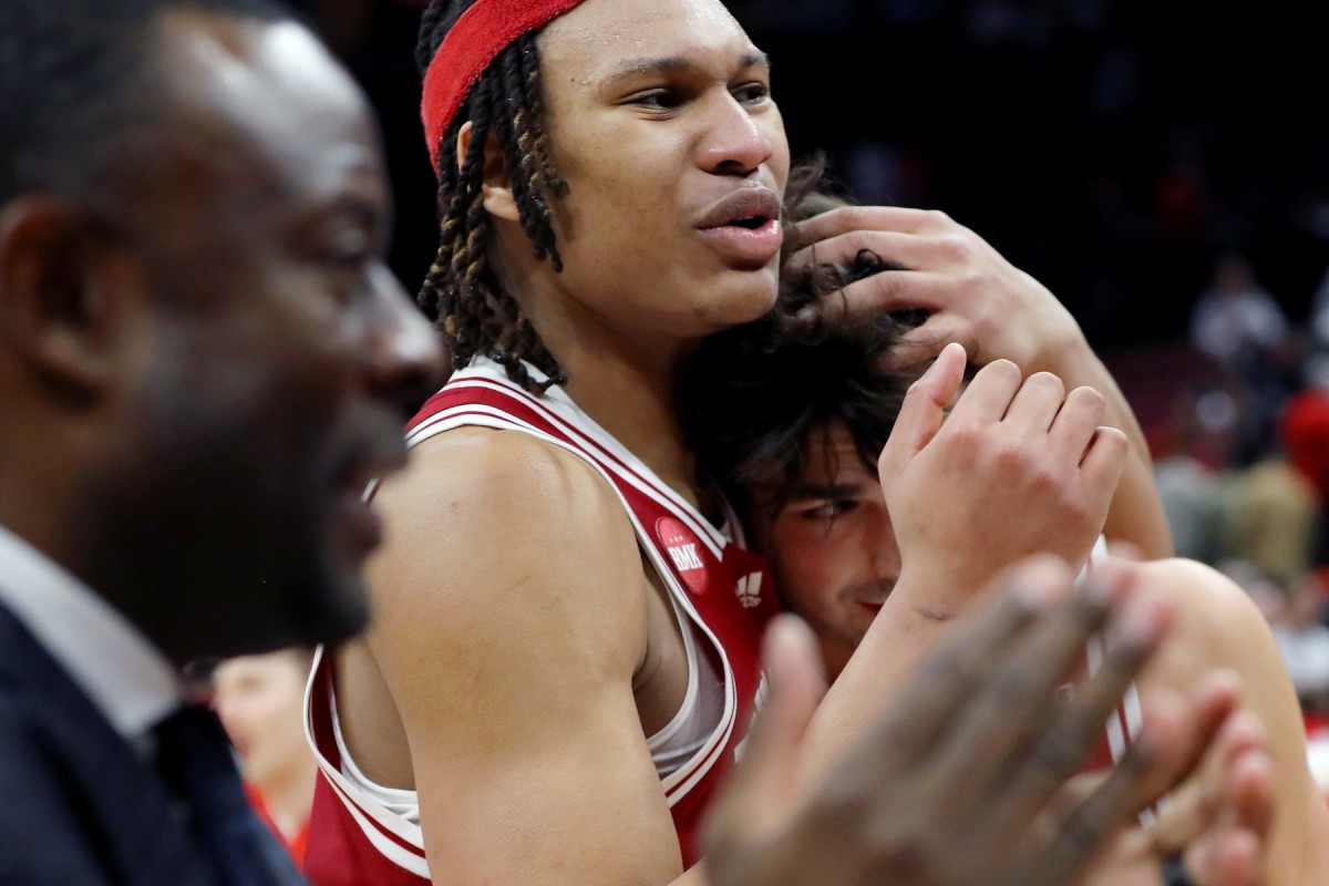 Indiana Hoosiers forward Malik Reneau (5) congratulates Indiana Hoosiers guard Trey Galloway (32) following the second half against the Ohio State Buckeyes at Value City Arena.