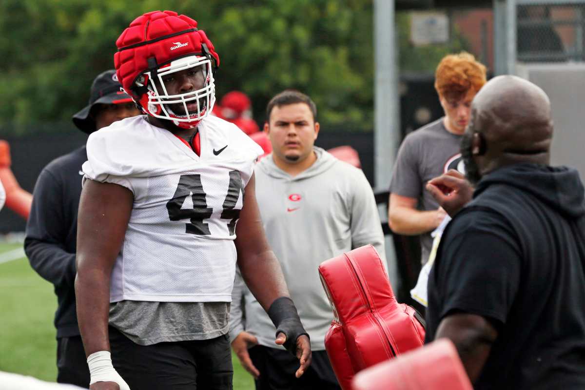 Georgia defensive lineman Jordan Hall (44) at the first day fall football camp in Athens, Ga., on Thursday, Aug. 3, 2023.