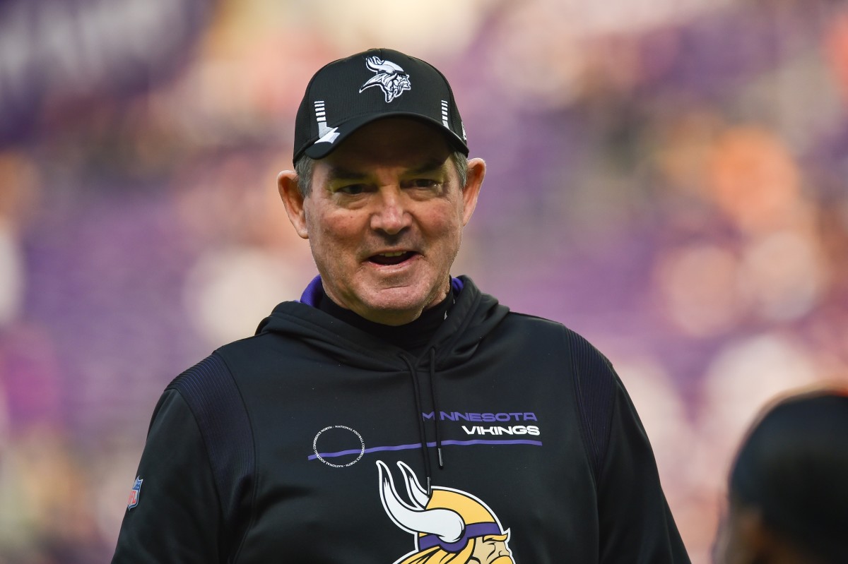 Jan 9, 2022; Minneapolis, Minnesota, USA; Minnesota Vikings head coach Mike Zimmer looks on before the game against the Chicago Bears at U.S. Bank Stadium. 