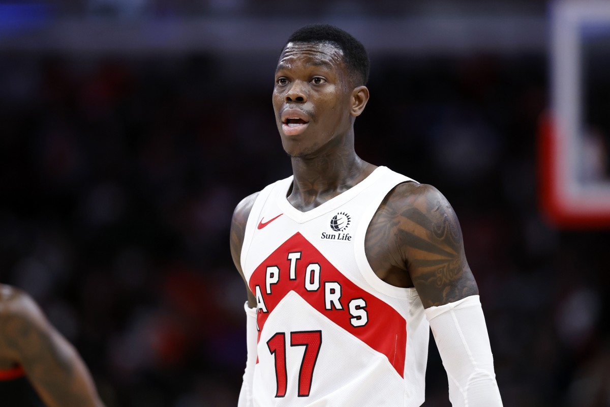 Jan 30, 2024; Chicago, Illinois, USA; Toronto Raptors guard Dennis Schroder (17) looks on during the second half at United Center