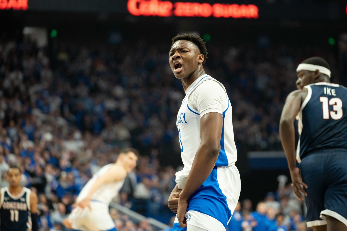 Kentucky Wildcats guard Adou Thiero (3) celebrates his dunk during their game against the Gonzaga Bulldogs on Saturday, Feb. 10, 2024 at Rupp Arena.