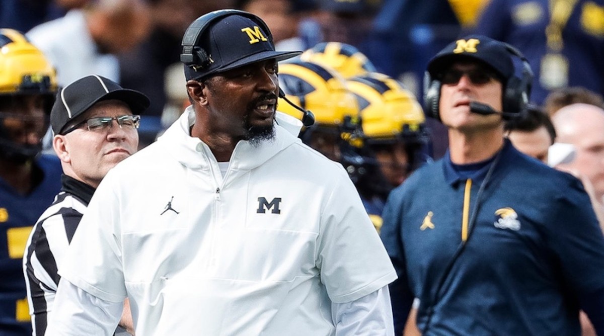 Michigan defensive passing game coordinator Steve Clinkscale watches a play against Rutgers during the first half at Michigan Stadium in Ann Arbor on Saturday, Sept. 25, 2021.