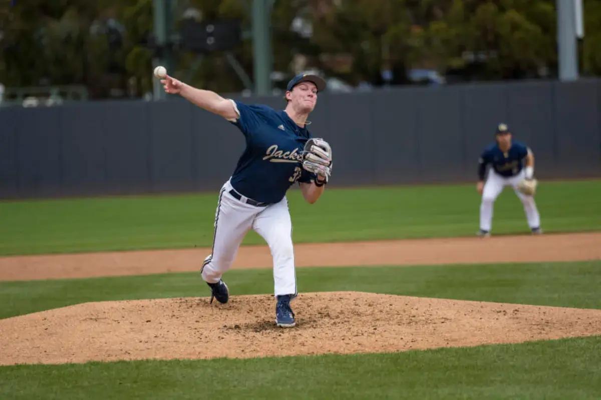 Caden Gaudette pitches in pre-season practice prior to his likely debut in 2024