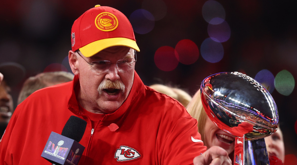 Chiefs coach Andy Reid speaks to the crowd after winning Super Bowl LVIII.
