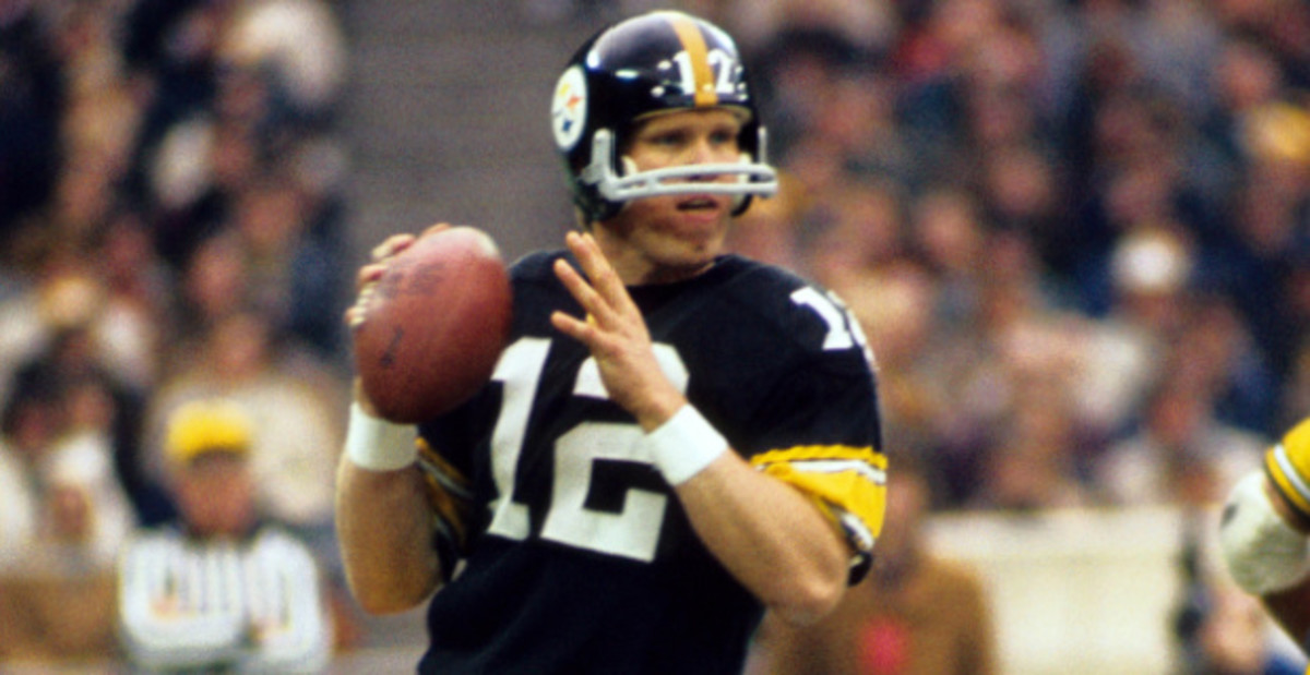 Pittsburgh Steelers quarterback Terry Bradshaw, a Louisiana Tech alum, attempts a pass during an NFL game.