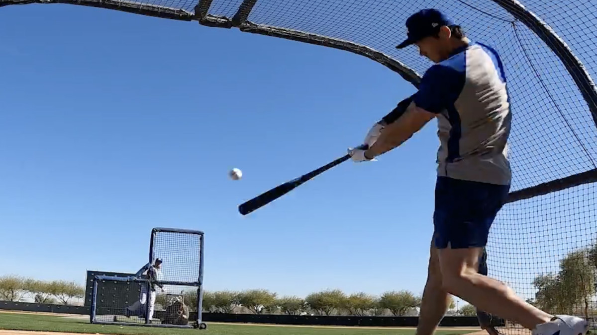 Behind-the-plate view of Shohei Ohtani taking batting practice