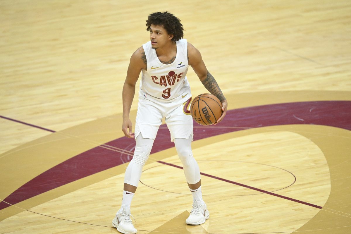 Feb 5, 2024; Cleveland, Ohio, USA; Cleveland Cavaliers guard Craig Porter Jr. (9) dribbles the ball in the fourth quarter against the Sacramento Kings at Rocket Mortgage FieldHouse.