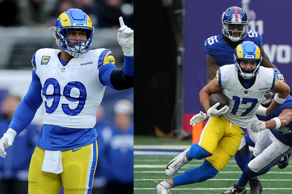 Los Angeles Rams defensive tackle Aaron Donald (left) and receiver Puka Nacua (right).