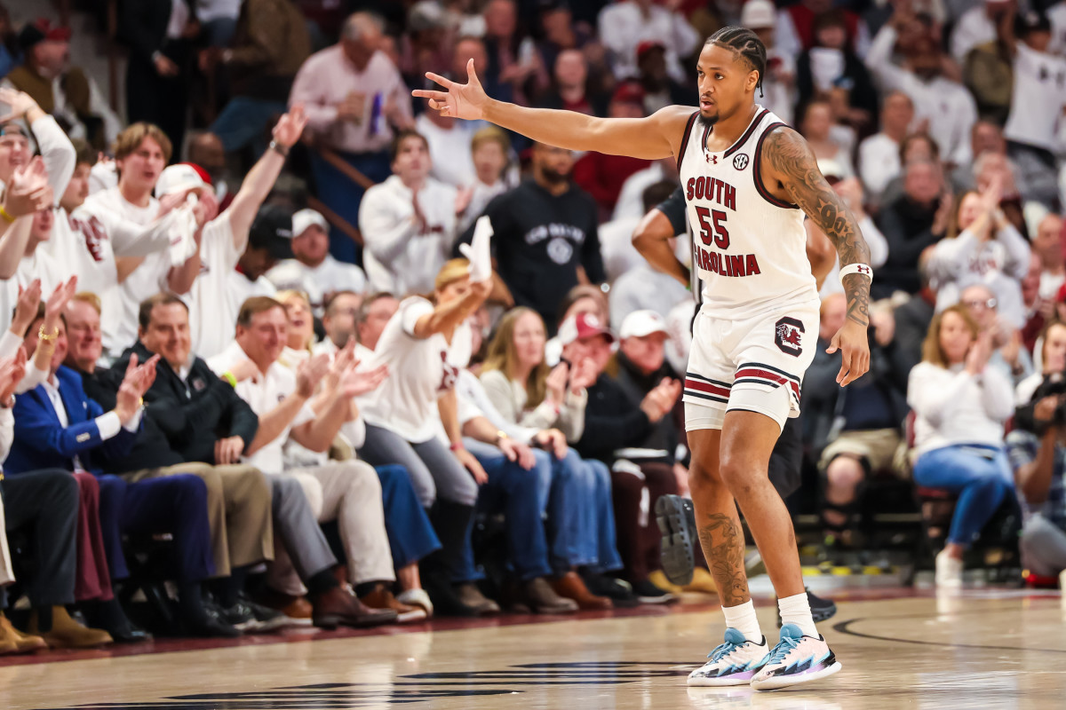 Ta'Lon Cooper celebrates a three-point basket against the Ole Miss Rebels (6th Feb., 2024)