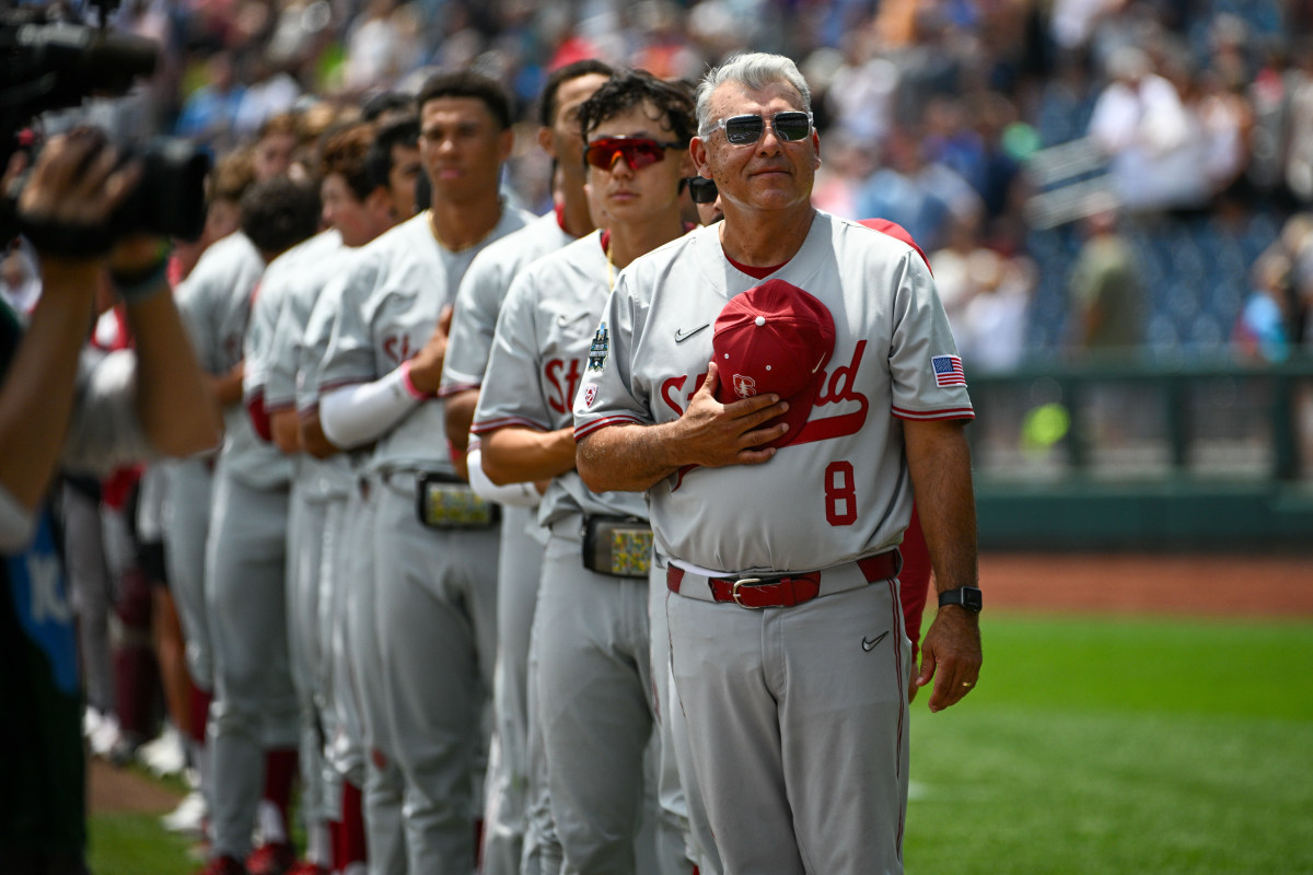 Coach Doug Esquer and the Stanford baseball team at the College World Series.