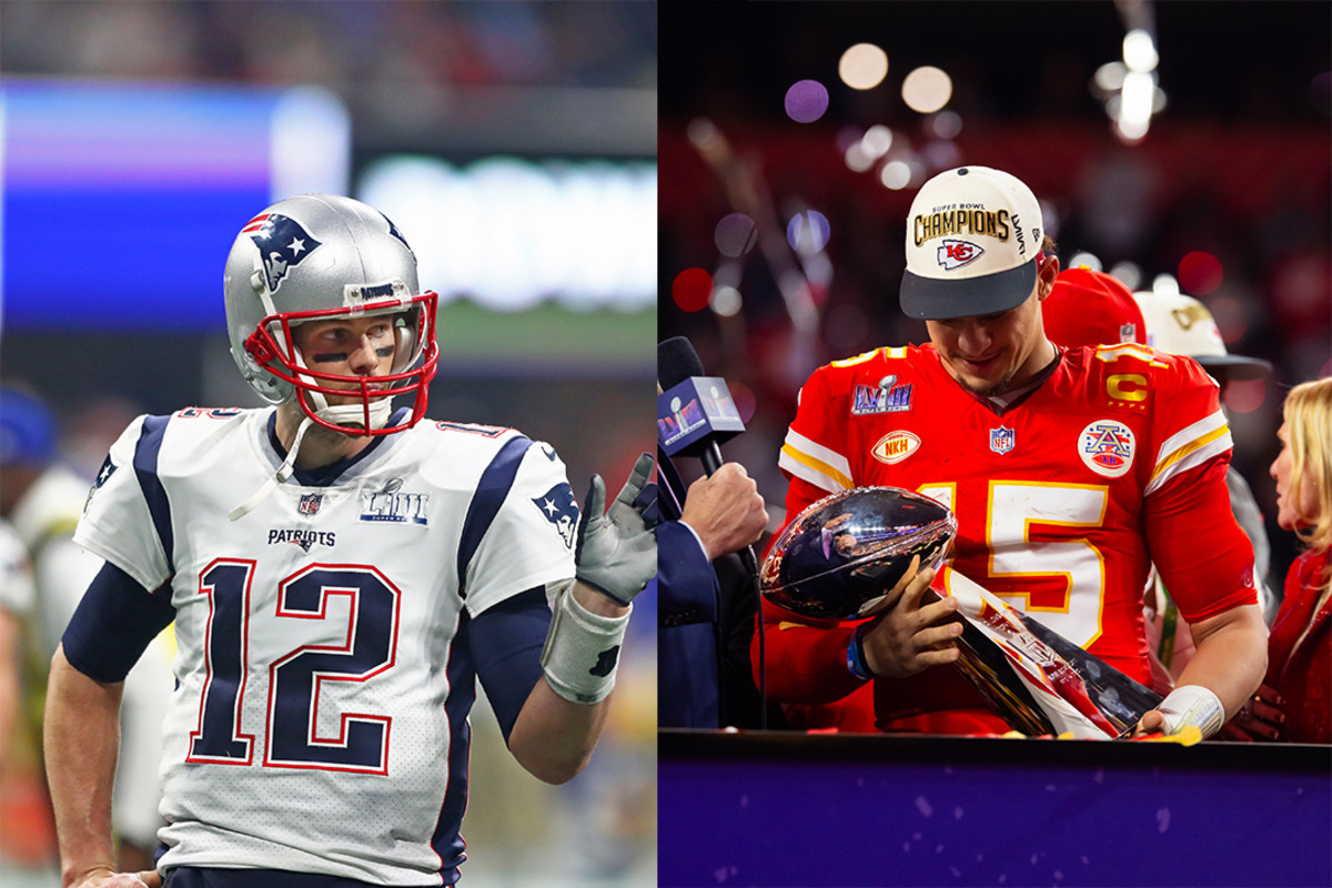 Former New England Patriots quarterback Tom Brady (left) and current Kansas City Chiefs' Patrick Mahomes (right)