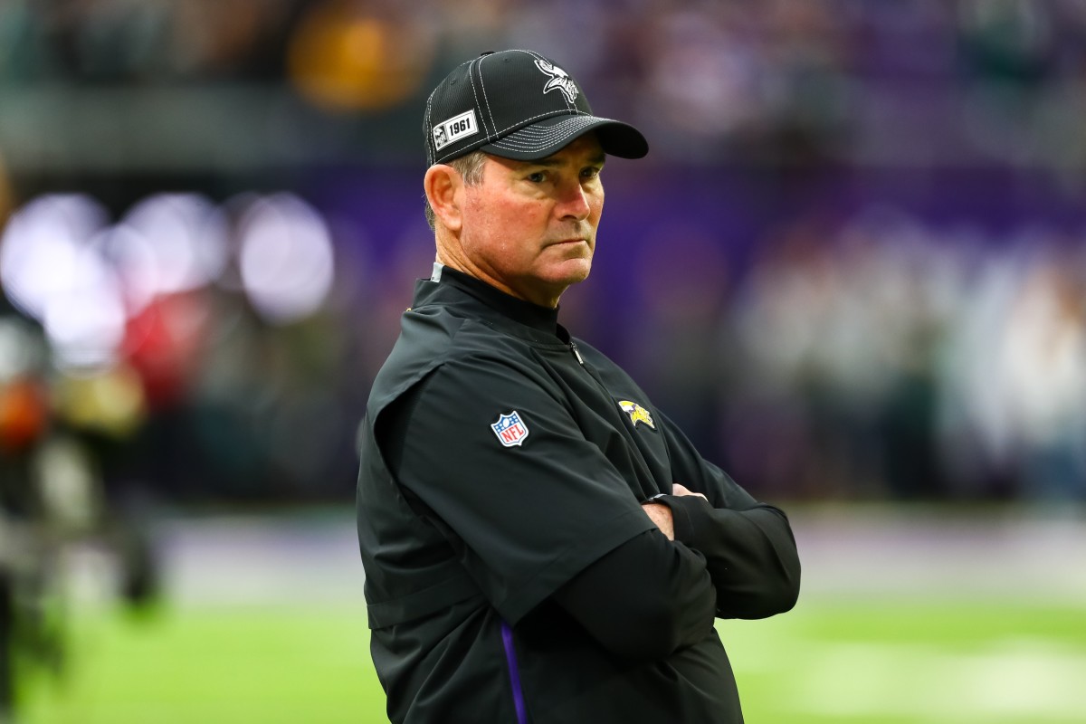 Oct 13, 2019; Minneapolis, MN, USA; Minnesota Vikings head coach Mike Zimmer looks on before the start of a game against the Philadelphia Eagles at U.S. Bank Stadium.