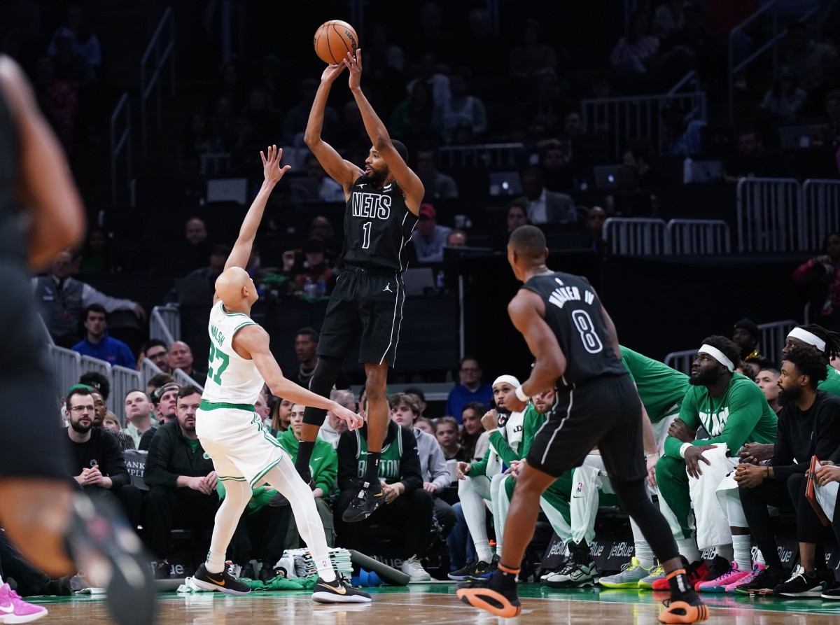 Brooklyn Nets forward Mikal Bridges (1) shoots against the Boston Celtics