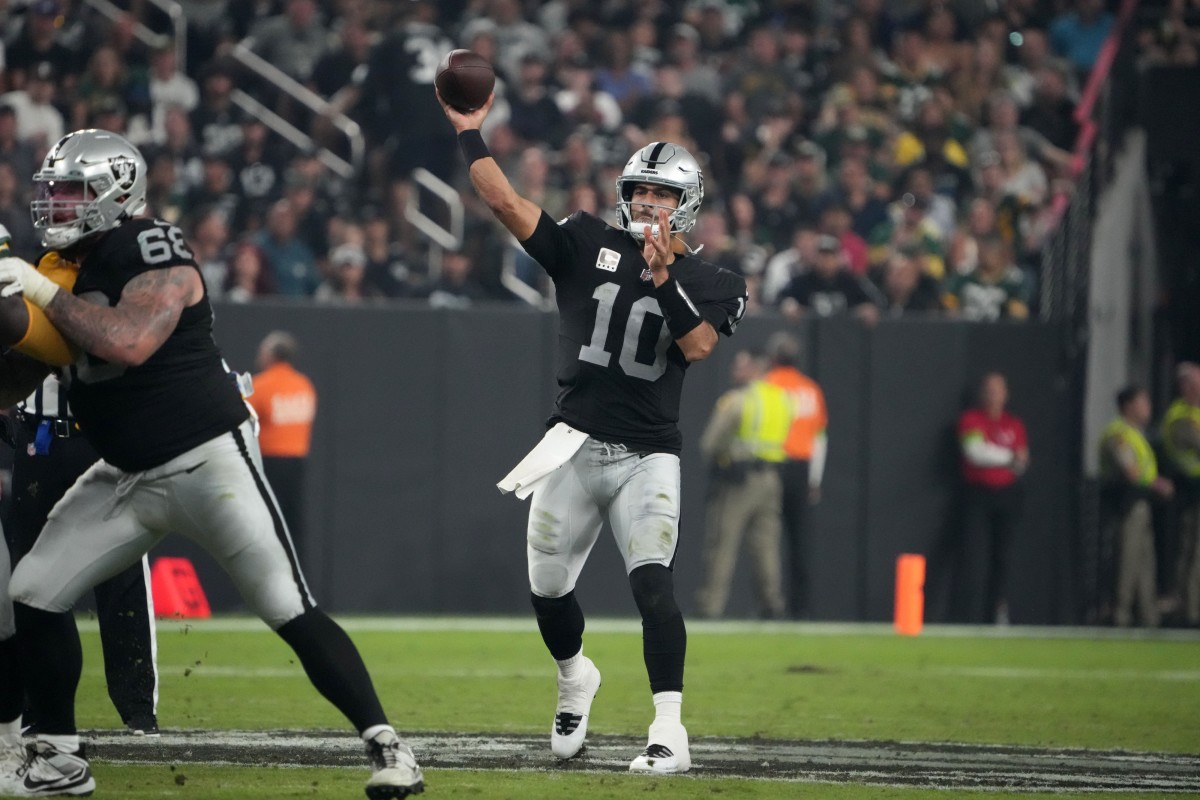 Las Vegas Raiders quarterback Jimmy Garoppolo (10) throws a pass against the Green Bay Packers. Mandatory Credit: Kirby Lee-USA TODAY Sports