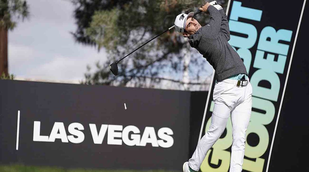 Joaquin Niemann plays his shot from the 13th tee during the first round of the 2024 LIV Golf Las Vegas tournament at Las Vegas Country Club.