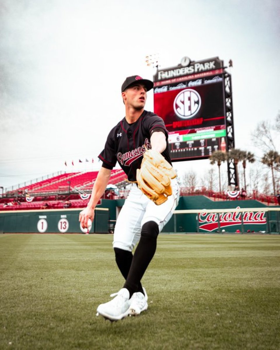 Pitcher Roman Kimball warming up before game 3 against Miami (OH) 02-18-24)