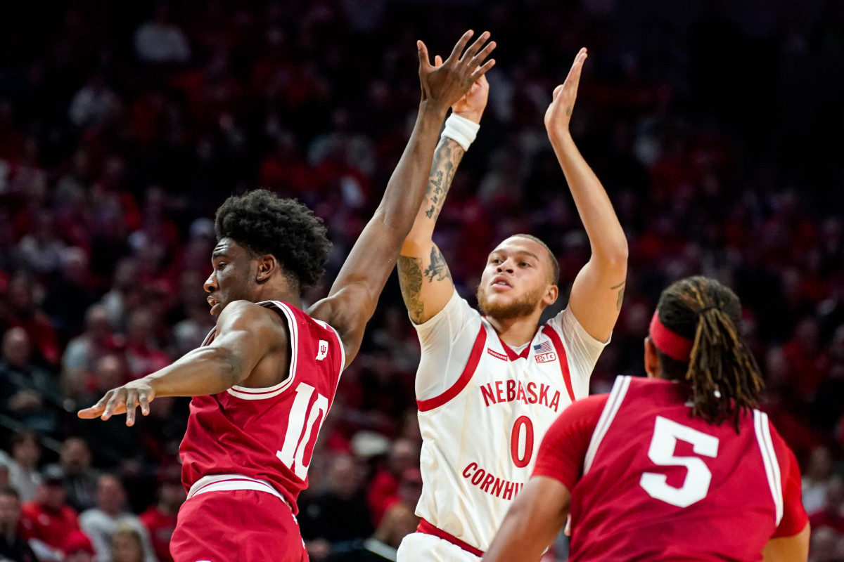 Nebraska Cornhuskers guard C.J. Wilcher (0) shoots the ball against Indiana Hoosiers forward Kaleb Banks (10) during the first half at Pinnacle Bank Arena.