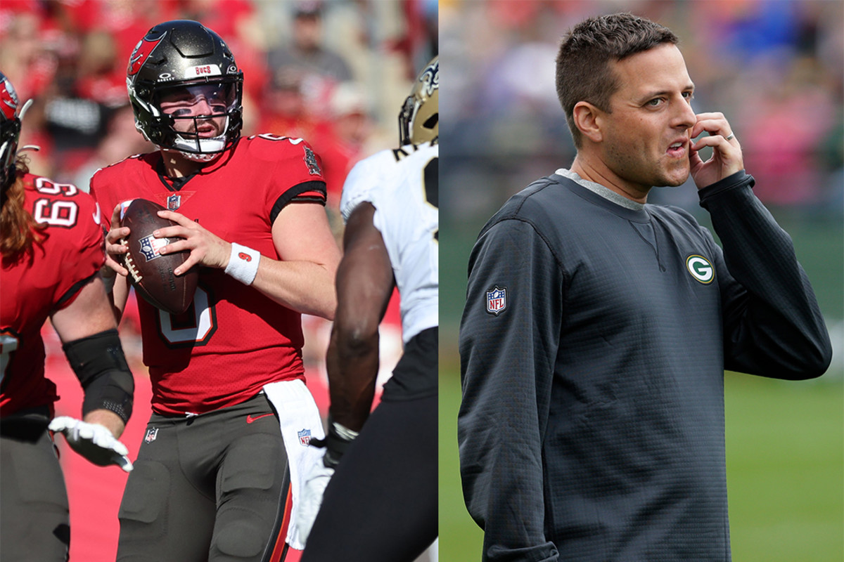 Current Tampa Bay Buccaneers quarterback Baker Mayfield (left) and New England Patriots director of scouting Eliot Wolf (right).