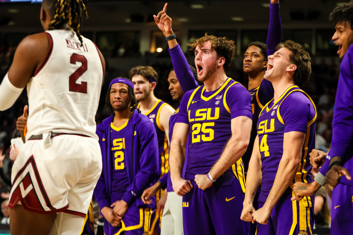 LSU Tigers celebrate a play in the second half versus South Carolina (17th Feb., 2024)