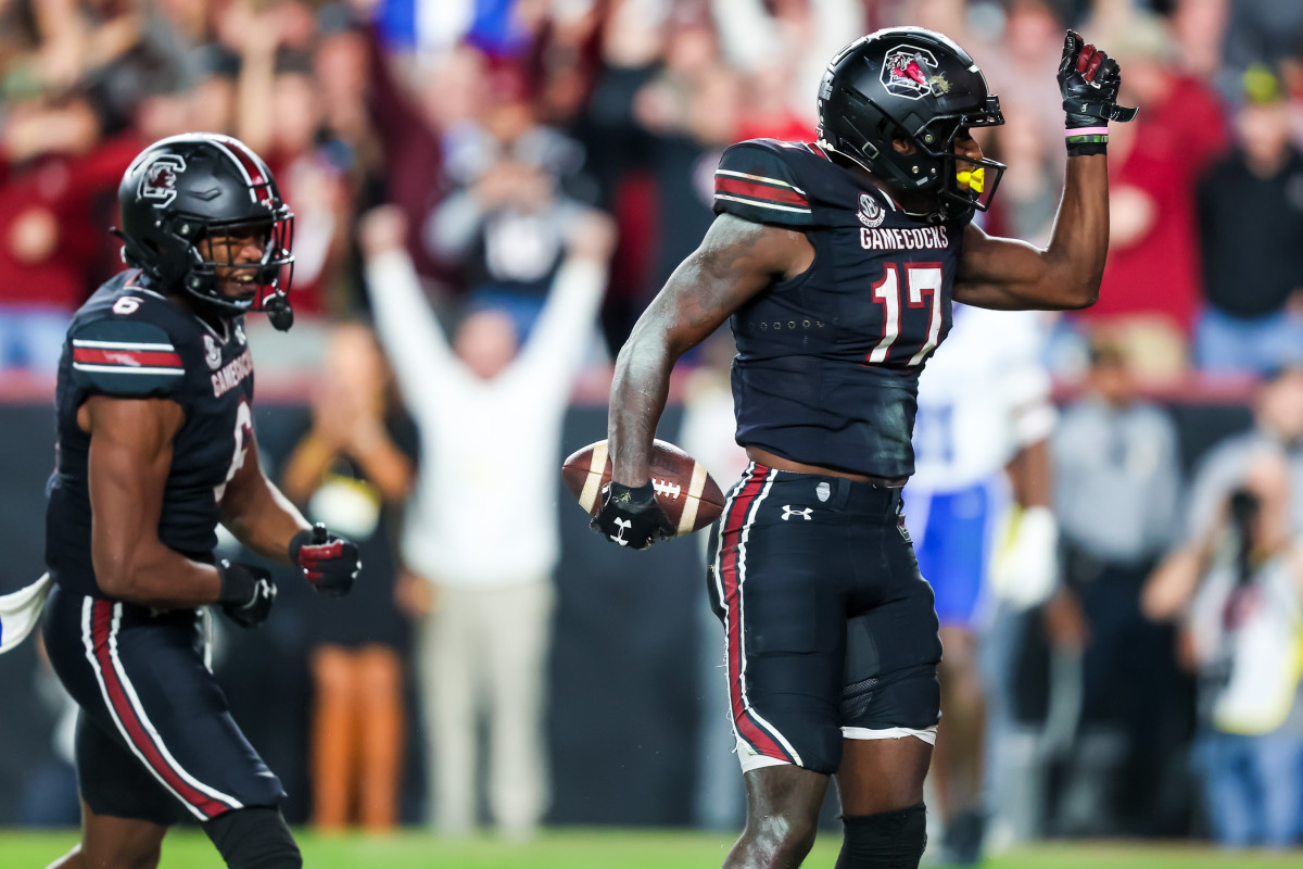 Xavier Legette celebrates a touchdown reception against the Kentucky (11-18-2023)