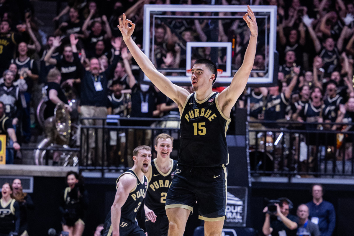 Purdue Boilermakers center Zach Edey (15) celebrates a made basket in the second half against the Indiana Hoosiers at Mackey Arena.