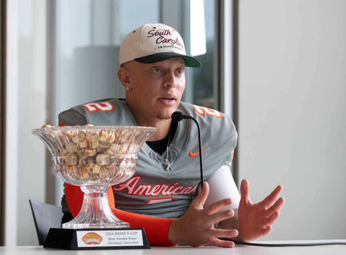 Spencer Rattler speaks to the media with his Reese's Senior Bowl MVP Award sits alongside him (4th Feb., 2024)