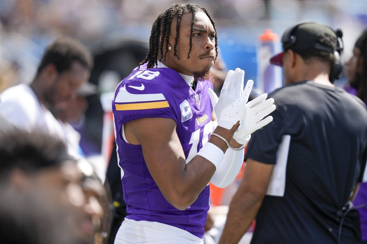 Oct 1, 2023; Charlotte, North Carolina, USA; Minnesota Vikings wide receiver Justin Jefferson (18) during the first quarter against the Carolina Panthers at Bank of America Stadium.