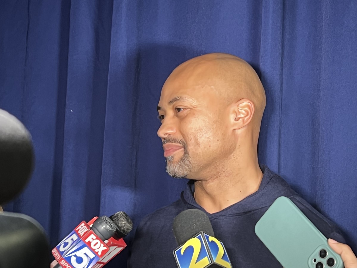 Atlanta Falcons general manager Terry Fontenot meets with local media at the 2024 NFL Scouting Combine.