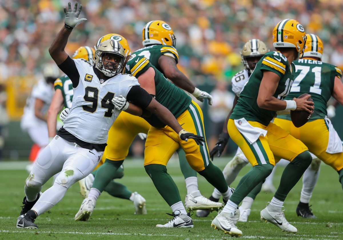 New Orleans Saints defensive end Cameron Jordan (94) pressures Green Bay Packers quarterback Jordan Love (10). Tork Mason/USA TODAY NETWORK