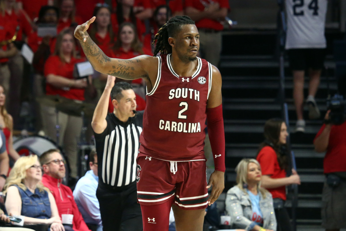 B.J. Mack reacts after a three-point basket during the second half against the Ole Miss Rebels (02-24-24)