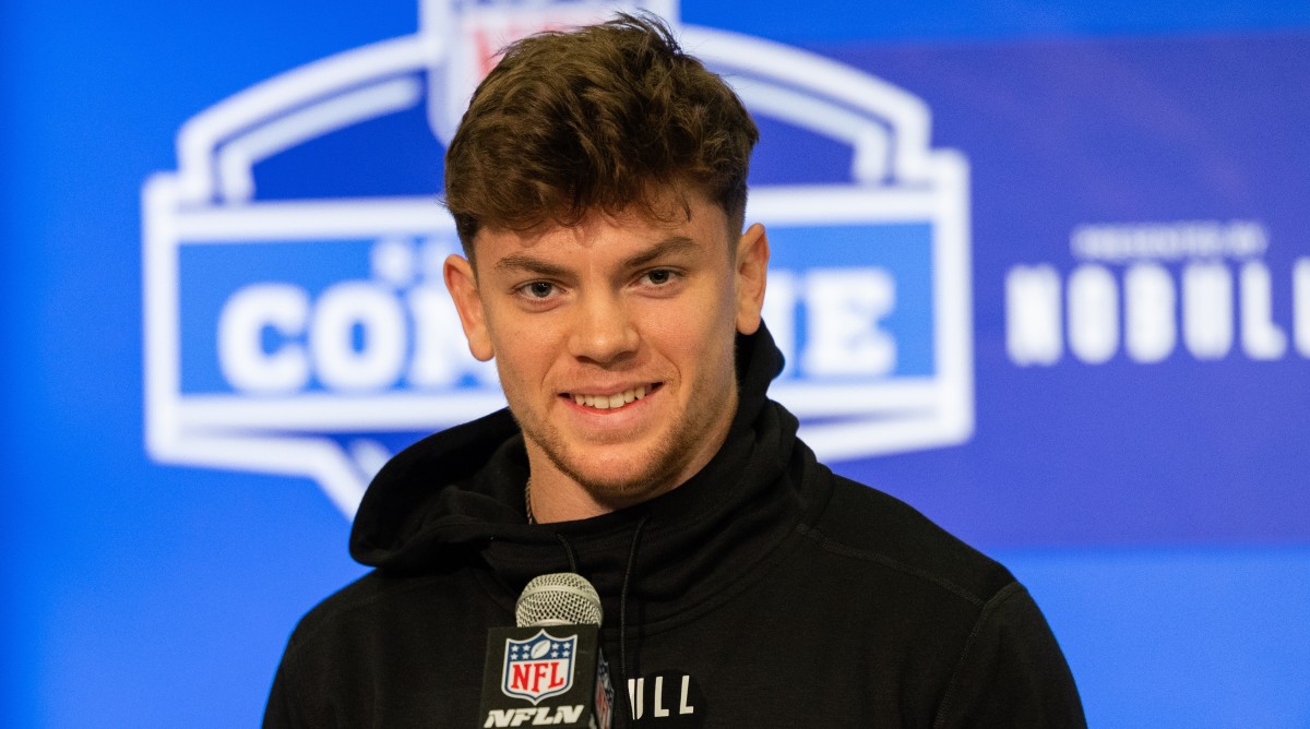 Iowa defensive back Cooper Dejean talks to the media during the 2024 NFL Combine at Lucas Oil Stadium.