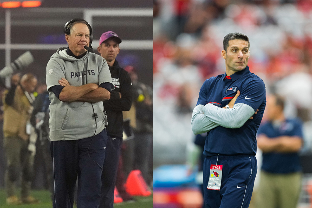 Former New England Patriots coach Bill Belichick (left) and now current Houston Texans general manager Nick Caserio (right).