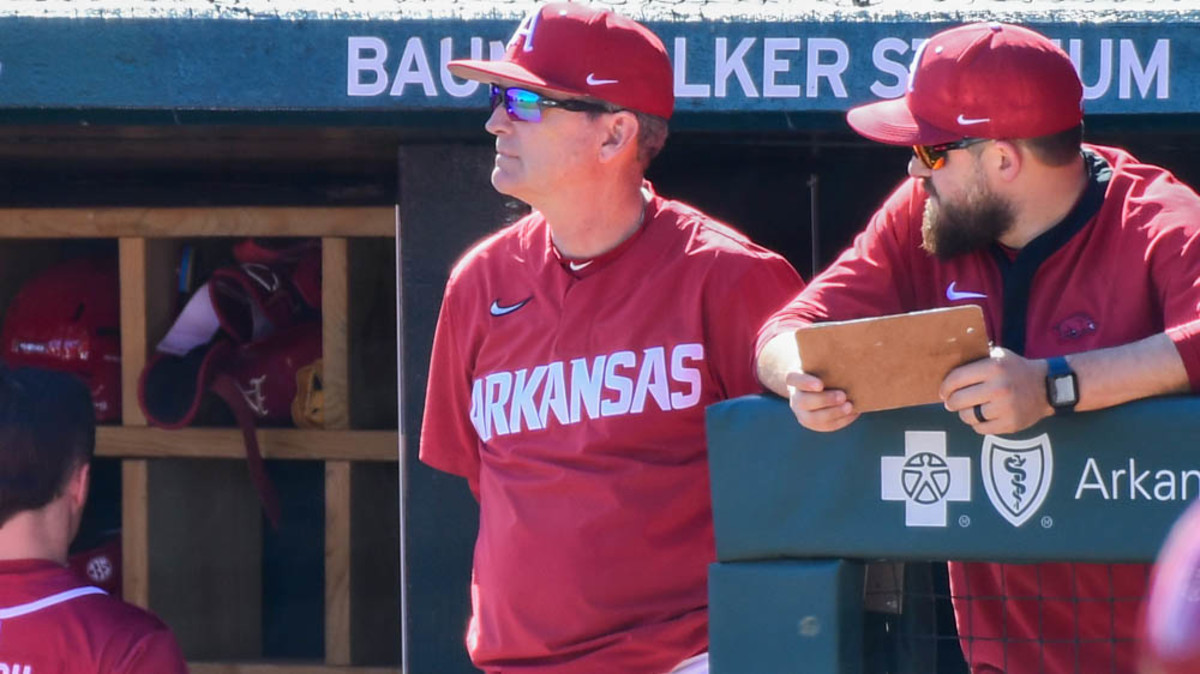 Razorbacks coach Dave Van Horn in dugout Saturday