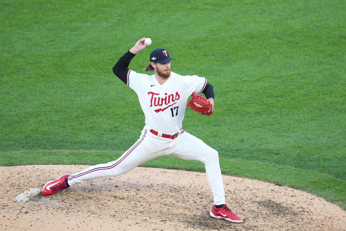 Minnesota Twins relief pitcher Bailey Ober (17) pitches in the eighth inning against the Houston Astros during game three of the ALDS for the 2023 MLB playoffs at Target Field in Minneapolis on Oct. 10, 2023.