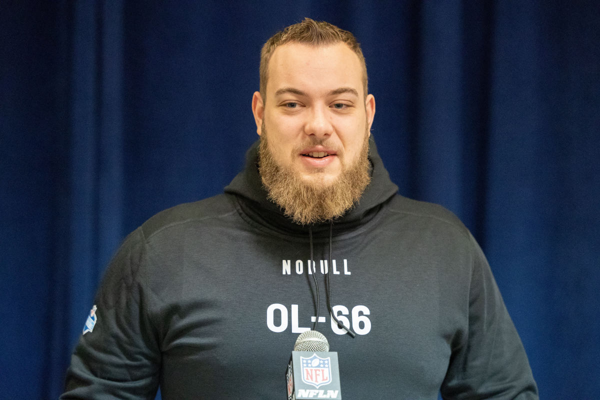 North Dakota State offensive lineman Jalen Sundell (OL66) talks to the media during the 2024 NFL Combine.