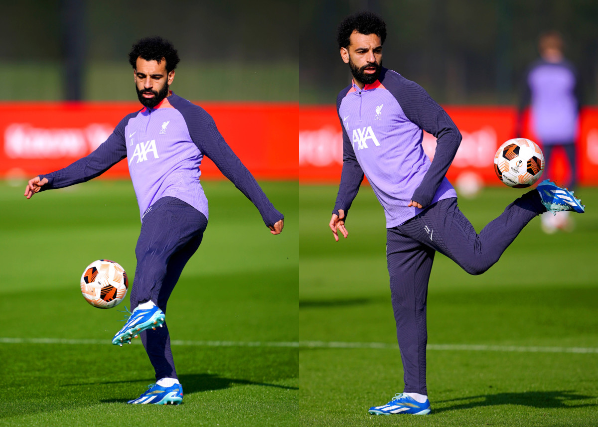 Mo Salah pictured during a Liverpool training session on March 6, 2024