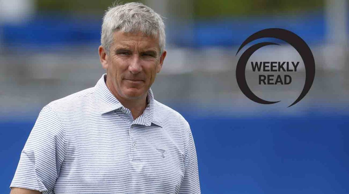 PGA Tour commissioner Jay Monahan is pictured at the 2022 Zurich Classic of New Orleans at TPC Louisiana, along with the SI Golf Weekly Read logo.