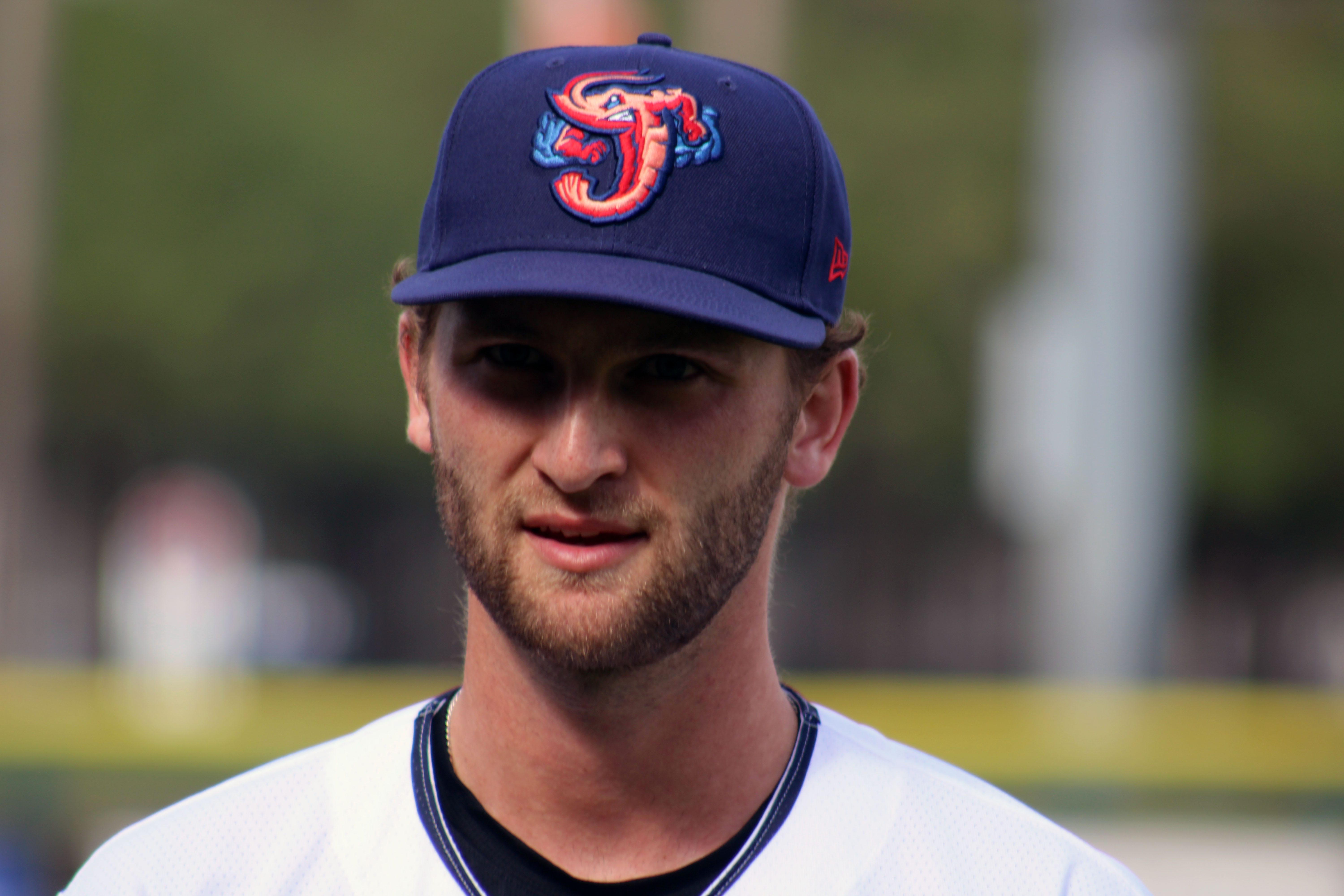 Jacksonville Jumbo Shrimp pitcher Josh Simpson speaks during Media Day at 121 Financial Ballpark on March 29, 2023. [Clayton Freeman/Florida Times-Union] 032923 Mediaday Simpson  