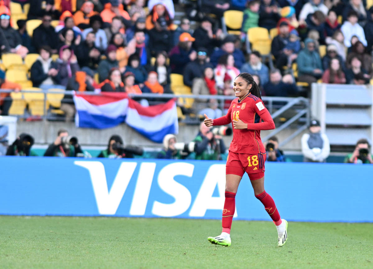 Salma Paralluelo pictured celebrating after scoring Spain's winning goal in a 2-1 victory over the Netherlands at the 2023 FIFA Women's World Cup