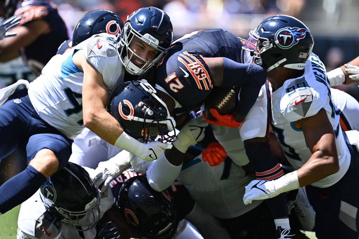 August 12, 2023 - Tennessee Titans quarterback Malik Willis (7) scores a  touchdown during NFL preseason football game between the Chicago Bears vs  the Tennessee Titans in Chicago, IL (Credit Image: Gary