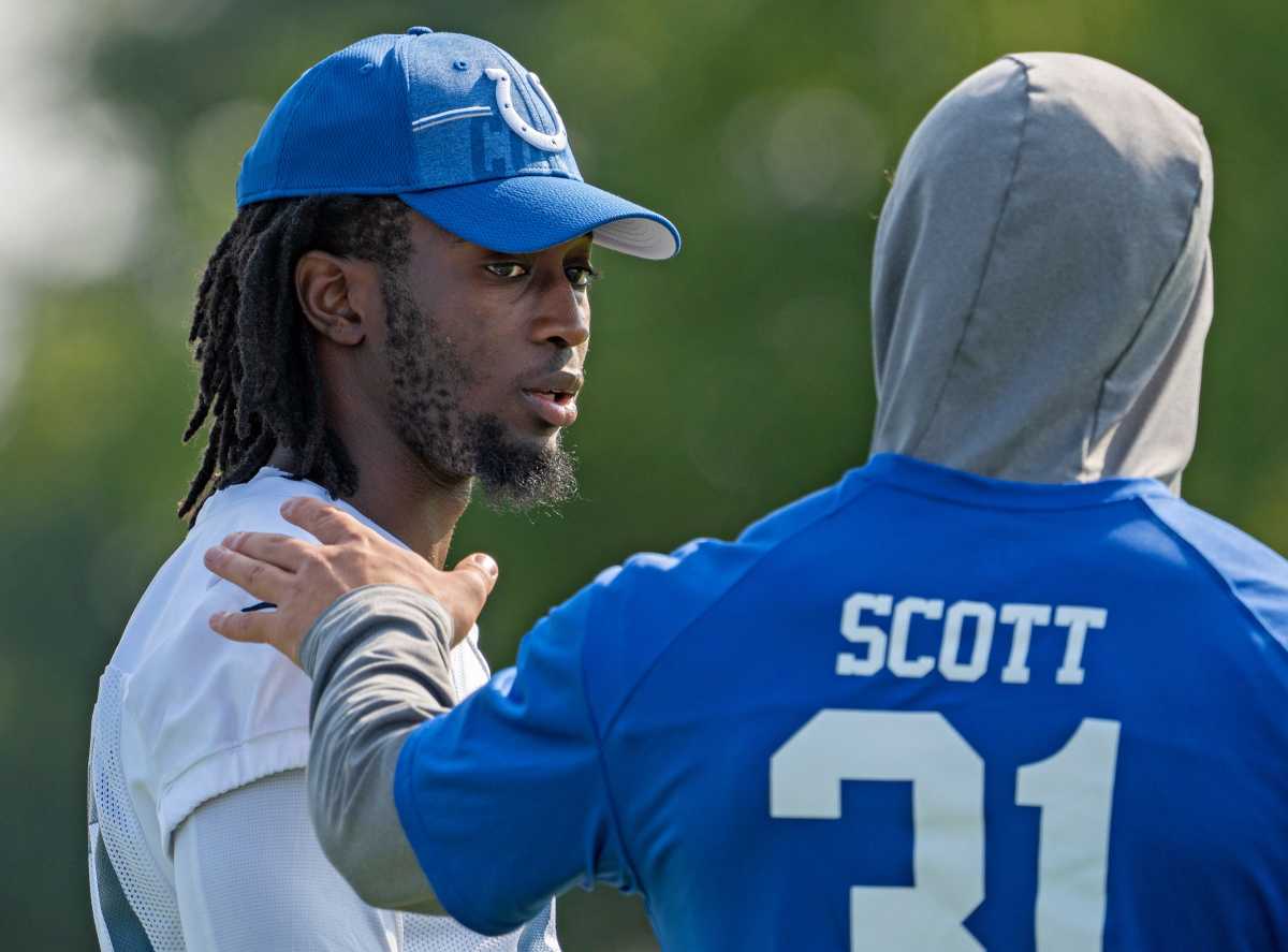 Indianapolis Colts cornerback Darius Rush (30) talks with Indianapolis Colts safety Daniel Scott (31) during Colts Camp practice at Grand Park, Tuesday, Aug. 1, 2023 in Westfield.