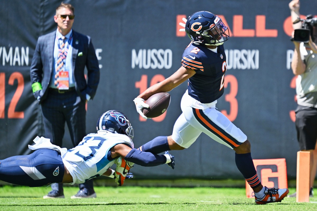 August 12, 2023 - Tennessee Titans quarterback Malik Willis (7) scores a  touchdown during NFL preseason football game between the Chicago Bears vs  the Tennessee Titans in Chicago, IL (Credit Image: Gary