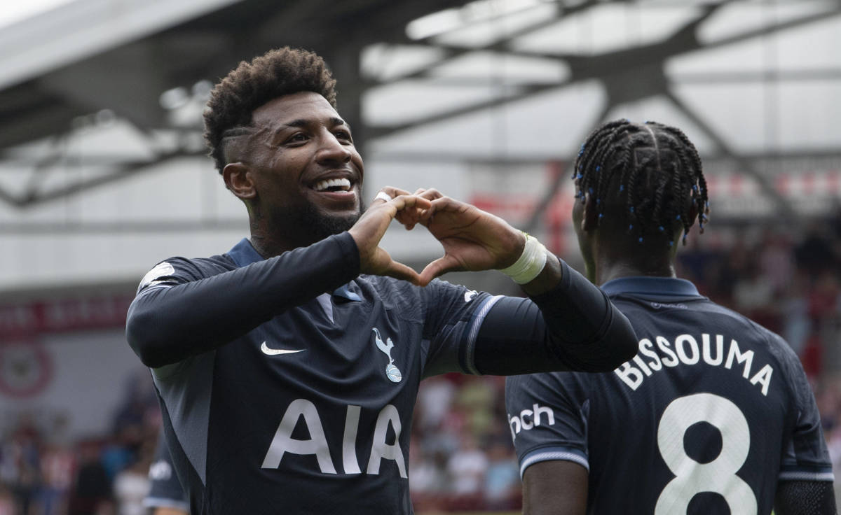 Emerson Royal pictured (left) celebrating after scoring for Tottenham against Brentford in August 2023