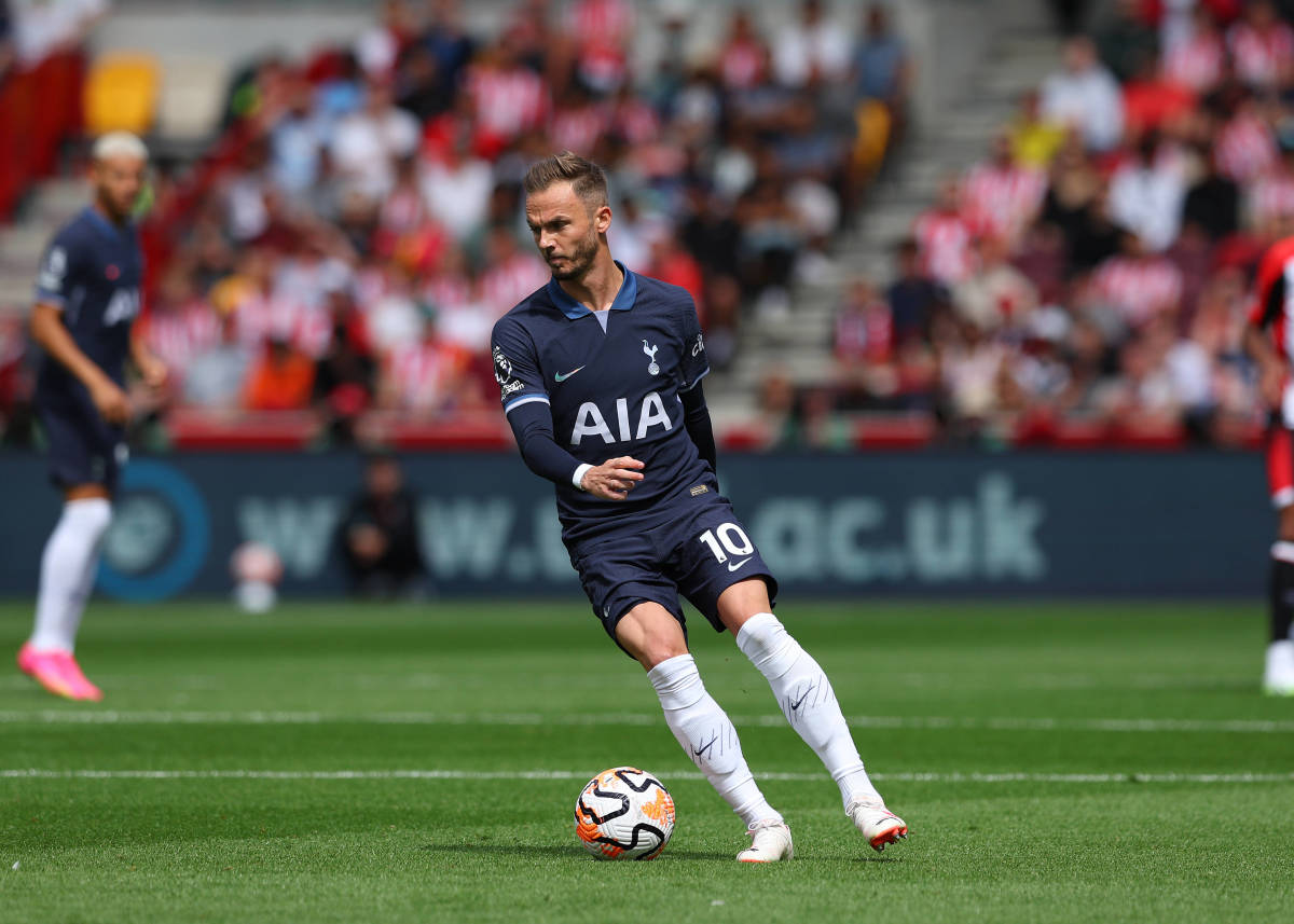 James Maddison pictured on his Premier League debut for Tottenham Hotspur in August 2023