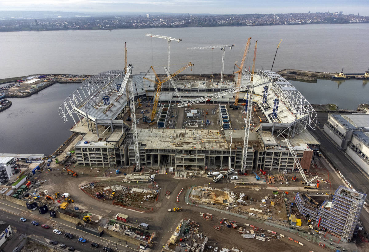 An aerial photo taken in March 2023 showing the construction site of Everton's new stadium being built at Bramley-Moore Dock